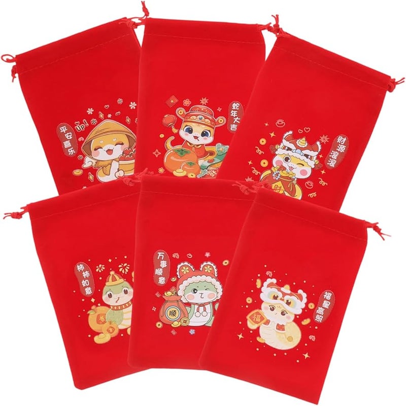 Year Of The Snake 6pcs Red Candy Bags Drawstring Goodie Pouches For Lunar New Year - Image 1